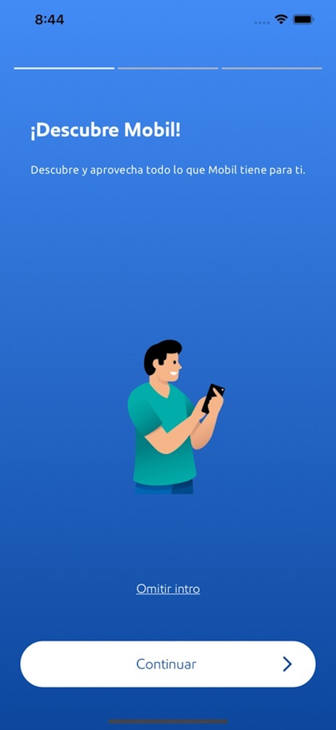 Schermata di onboarding dell'App Mobil con messaggio di benvenuto e persona che utilizza uno smartphone