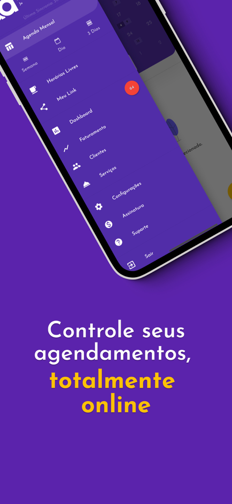 Smartphone affichant le menu latéral de l'application Tua Agenda avec des options de planification, de facturation et de gestion des services
