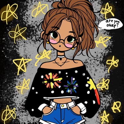 girl with a messy ponytail glasses a baggy crop top and jean shorts