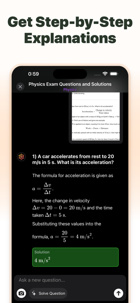 SolveThisアプリのインターフェース。加速度問題に対する詳細なステップバイステップの物理ソリューションを表示。