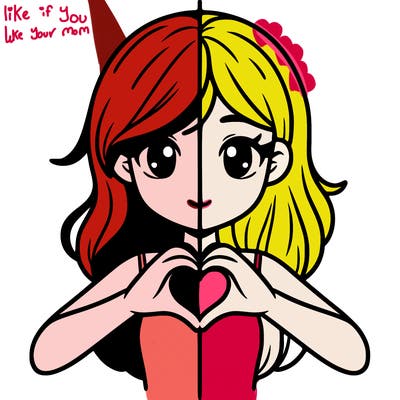 a half-split drawing of a girl doing a heart with her hand