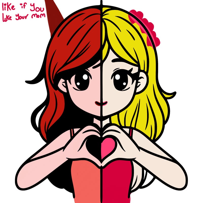 a half-split drawing of a girl doing a heart with her hand