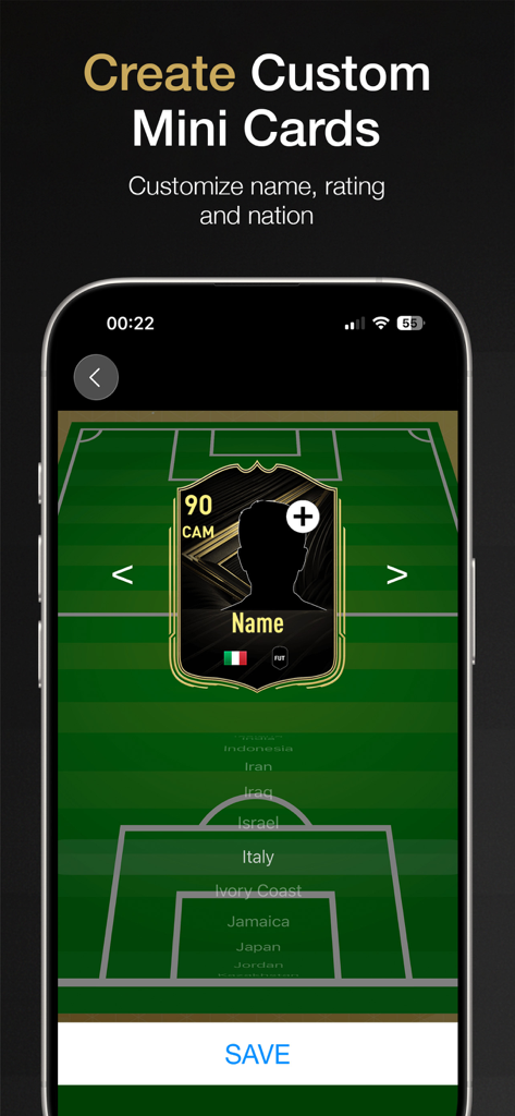 FUT Squad Builder FC 26 - Mobile app interface for creating custom soccer player mini cards with name rating and nationality options