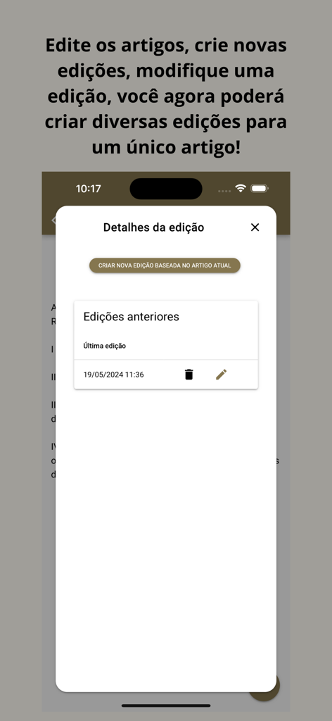 Pantalla de la app móvil mostrando el historial de ediciones de artículos y la gestión de leyes brasileñas