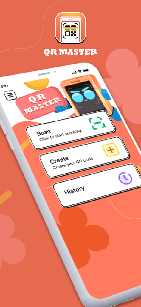 QR Master - Creator - QR Master app home screen featuring buttons to scan create and view QR code history