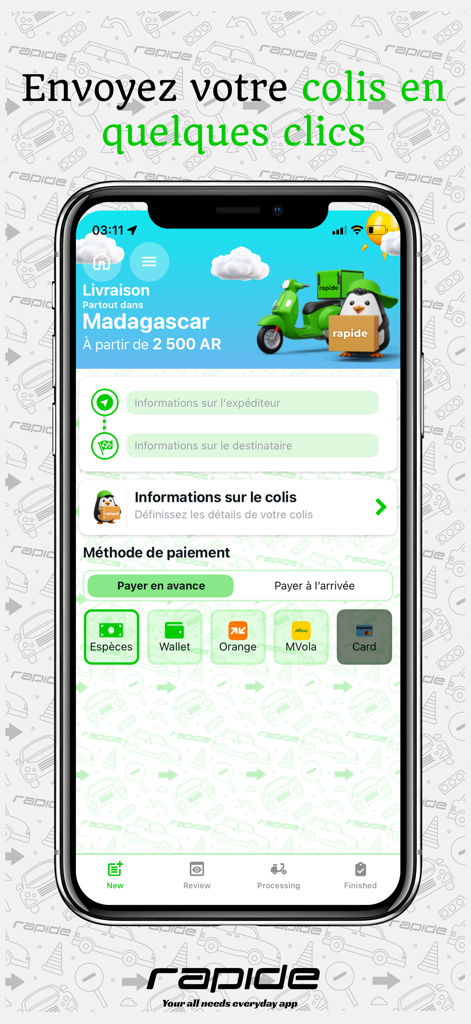 Rapide App - Interface de Rapide App montrant les options de réservation et de paiement de livraison express à Madagascar.