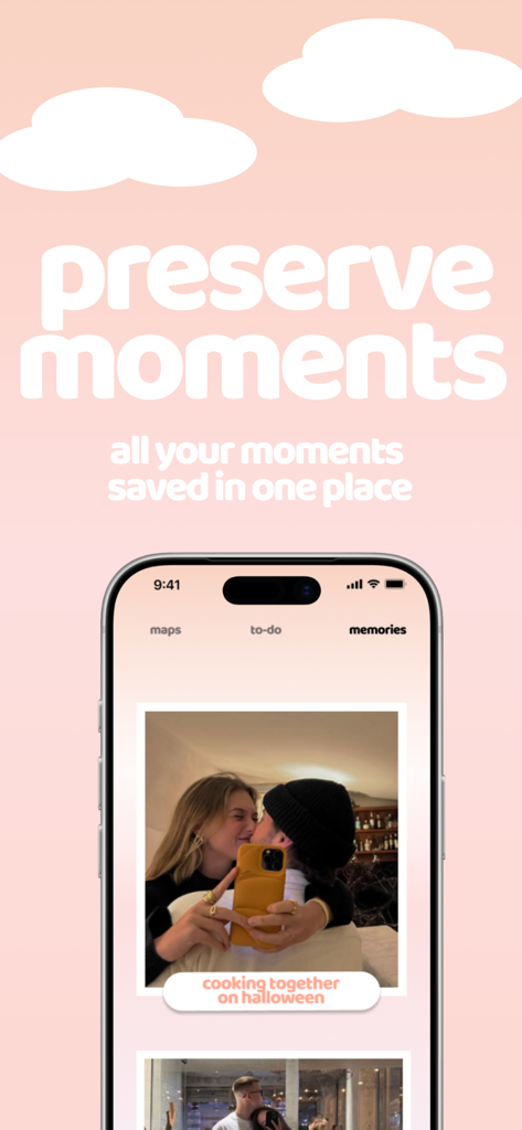 Interface de l'application Brochi affichant la section souvenirs avec une photo de couple d'une soirée cuisine.