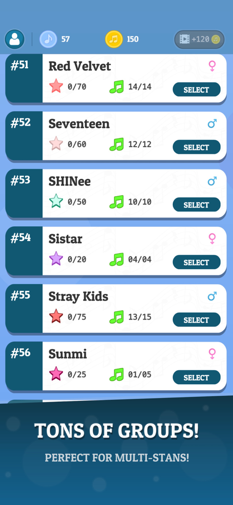 KPOP Tiles 2026 - Red Velvet, Seventeen, Stray Kids와 같은 K-POP 그룹 목록을 보여주는 KPOP Tiles 2026 앱의 메뉴 화면