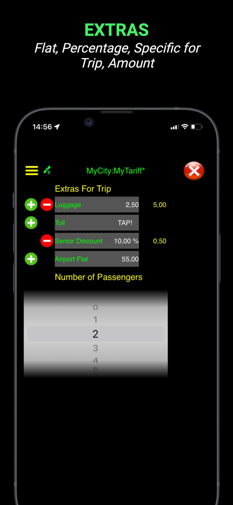 Taximeter-GPS - Ecrã da aplicação Taximeter-GPS para adicionar extras de viagem como taxas de bagagem e descontos para idosos
