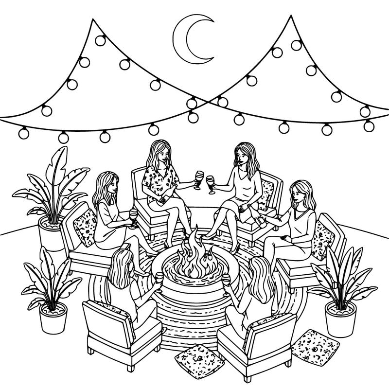 5 women sitting around on a patio drinking wine around a fire pit.  include string lights, outdoor decor,  the moon