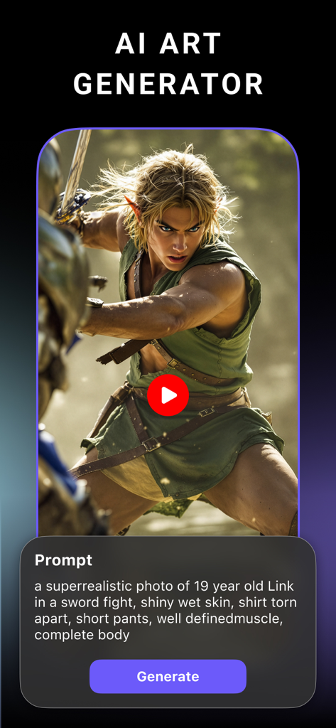 StoryZ app interface showing the AI art generator with a text prompt and a generated image of a fantasy warrior.
