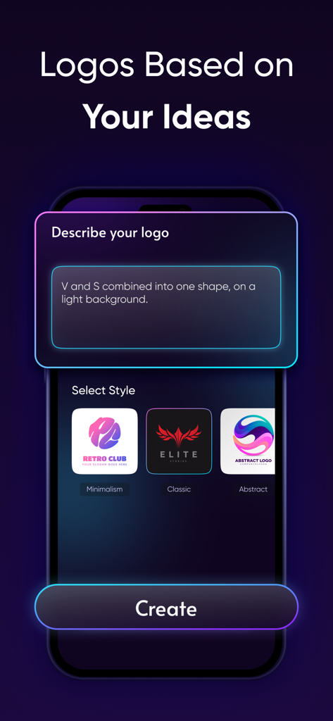 AI logo-generator - Interface do aplicativo móvel para geração de logo com IA, apresentando um campo de texto e opções de seleção de estilo.