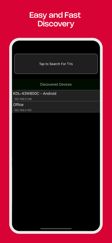 TV Remote Control. - Pantalla de la aplicación Control Remoto TV que muestra televisores inteligentes detectados para una fácil configuración