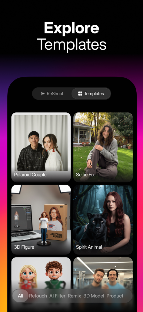 Interfaz de la aplicación ReShoot mostrando varias plantillas de fotos IA como Polaroid de Pareja y Figura 3D