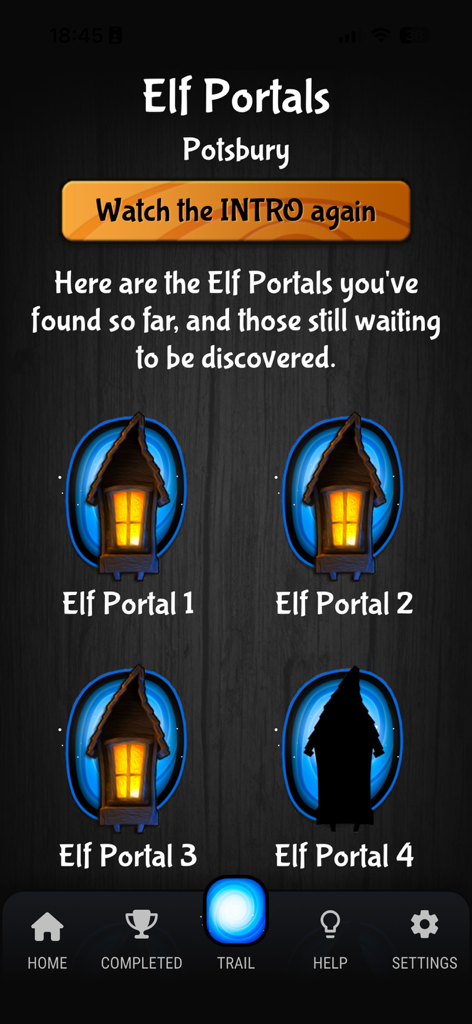 Storyteller Trails - Interface do aplicativo Storyteller Trails mostrando portais de elfos descobertos e bloqueados
