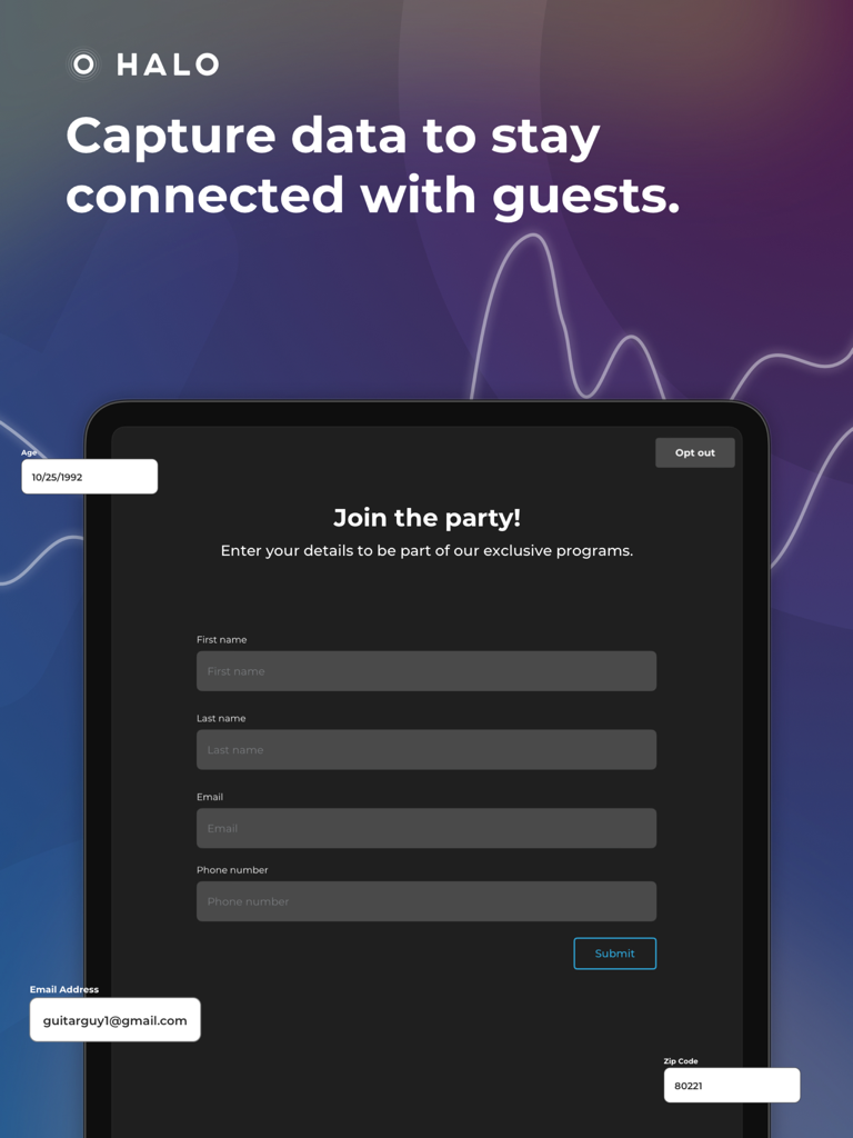 A data collection form on an iPad using Simple Booth HALO for capturing guest contact information at events.