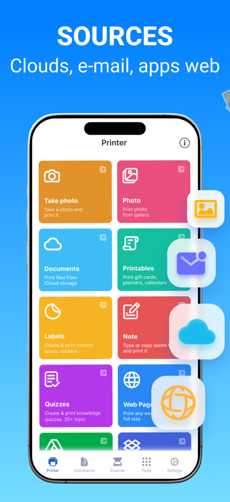 Printer App: Smart Print App - Interfaz de la aplicación Smart Print App mostrando varias fuentes de impresión, incluyendo fotos, documentos, etiquetas y páginas web