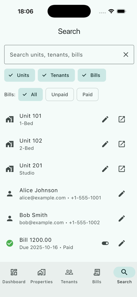 Die Suchoberfläche der SmartCart-App, die eine Liste von Einheiten, Mietern und Rechnungen mit Filteroptionen anzeigt.