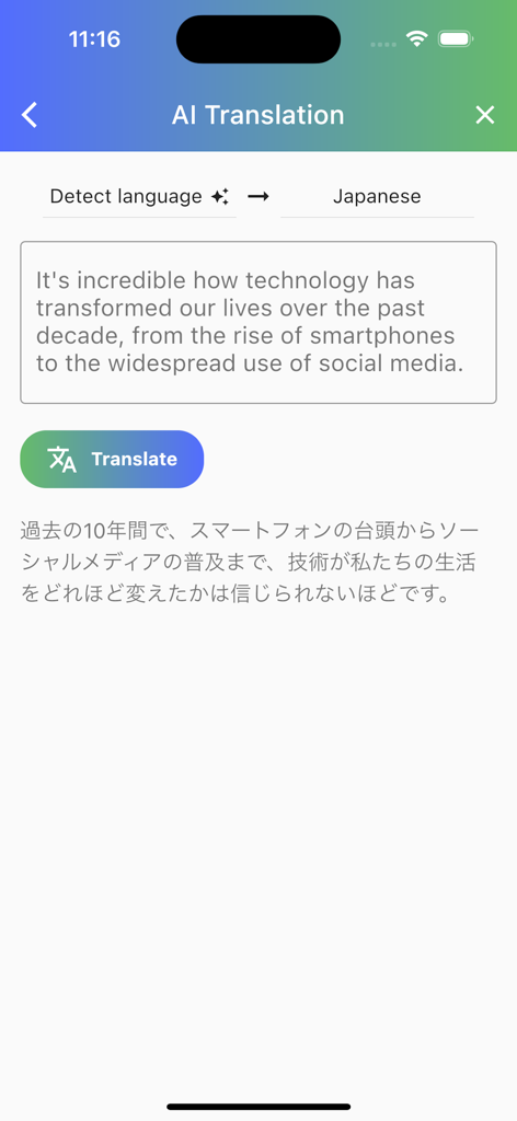 AI-powered translation interface in the JAccent Japanese dictionary app showing English to Japanese translation.
