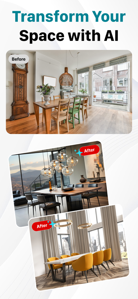 Before and after comparison of a dining room redesigned using different AI interior design styles