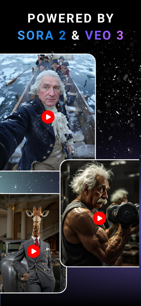 StoryZ app screenshot showcasing AI video generation powered by Sora 2 and Veo 3 with creative examples of a selfie on a boat and Einstein lifting weights.