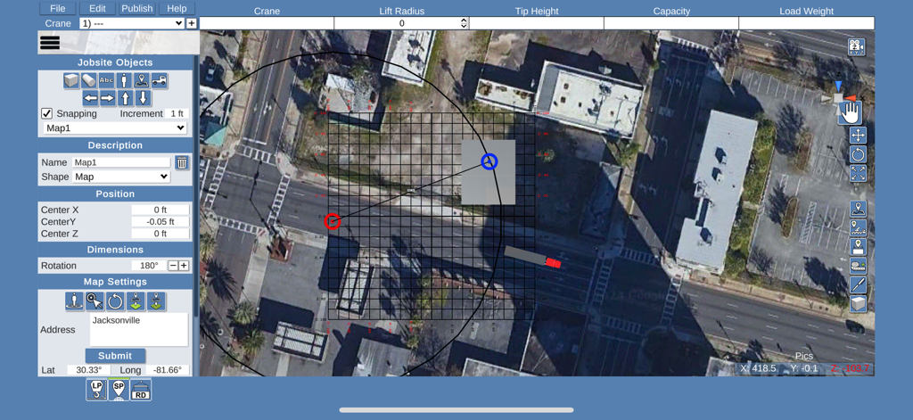A1A Product Suite - Aerial site map for crane lift planning and jobsite object management in A1A Product Suite