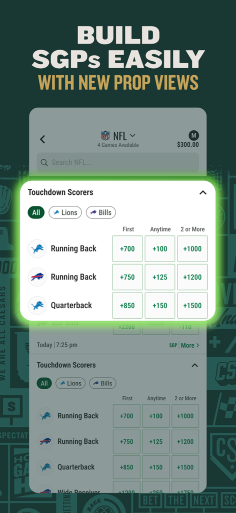 Caesars Sportsbook app showing NFL player prop odds for same game parlays