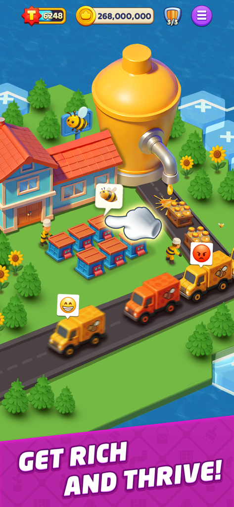 Gameplay screenshot of a honey production facility in Top Tycoon featuring beehives and delivery trucks