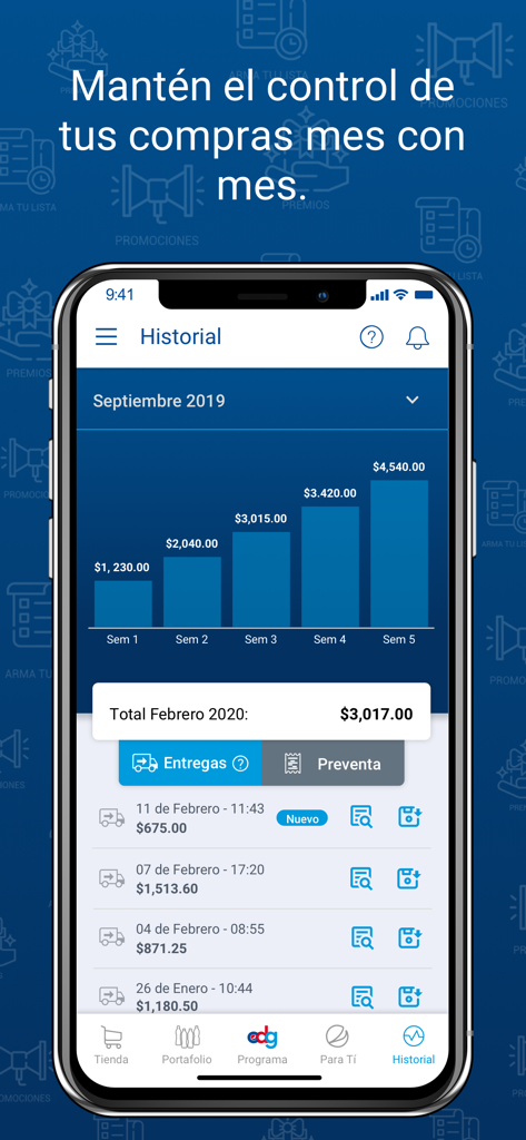 Purchase history screen of the GEPP en tus manos app showing a bar chart and recent delivery records