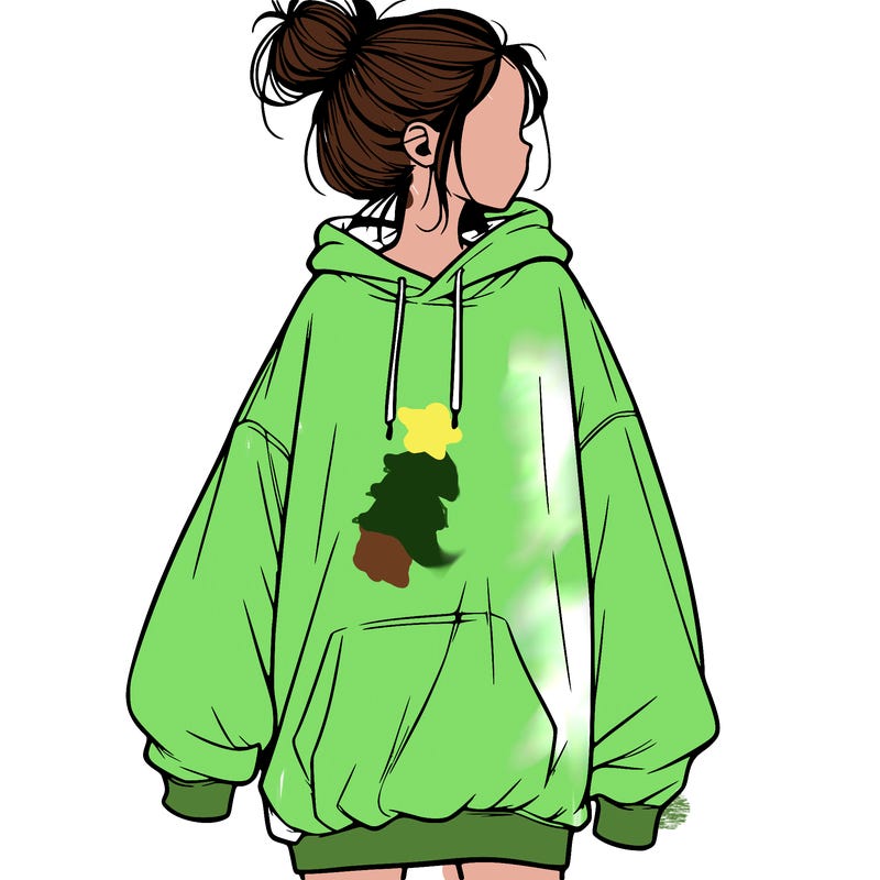 realistic girl with a oversized sweatshirt on and a bun