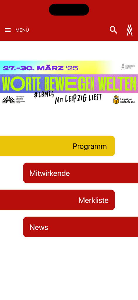 Leipziger Buchmesse app home screen with navigation menu