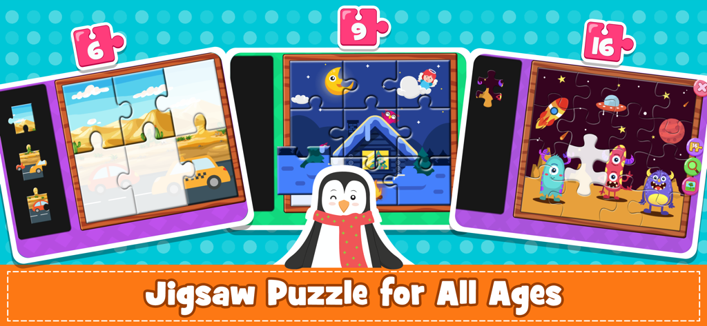 Kids Puzzle & Toddler Games 2+ - Tres rompecabezas de 6, 9 y 16 piezas con temas de coches, invierno y espacio.