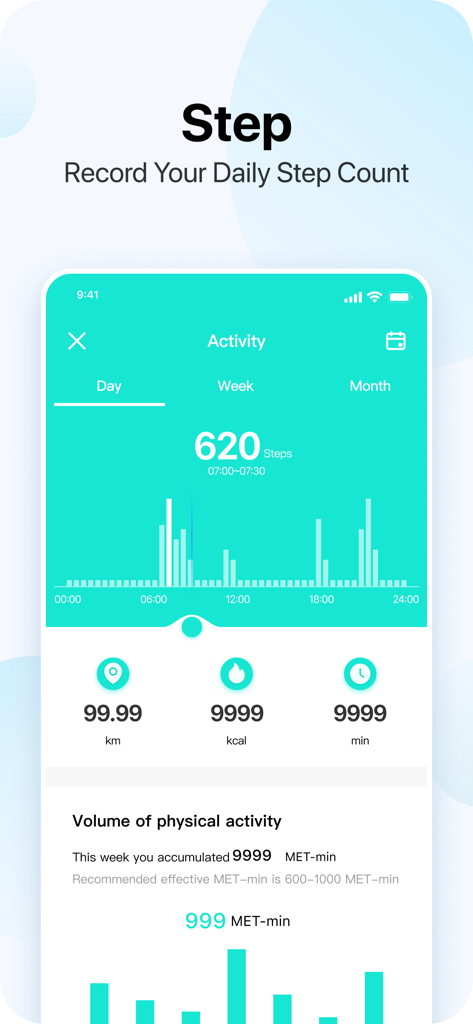 Da Fit - Ecrã de atividade da aplicação Da Fit que exibe os passos diários e o gráfico de análise de exercício