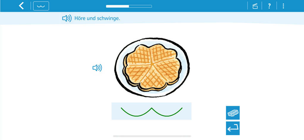 Exercício do aplicativo de alfabetização em alemão mostrando balanço de sílabas com uma ilustração de waffle.