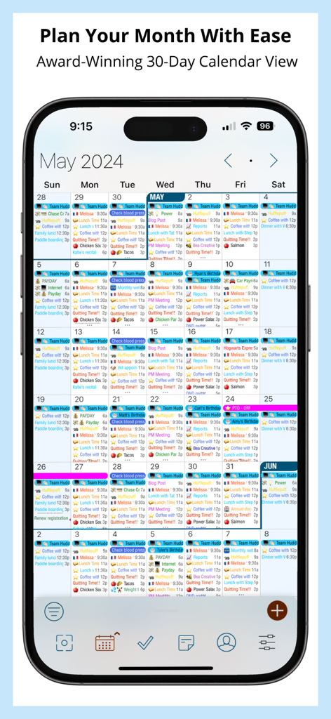 A detailed 30 day calendar view in the Pocket Informant app showing color coded tasks and appointments.