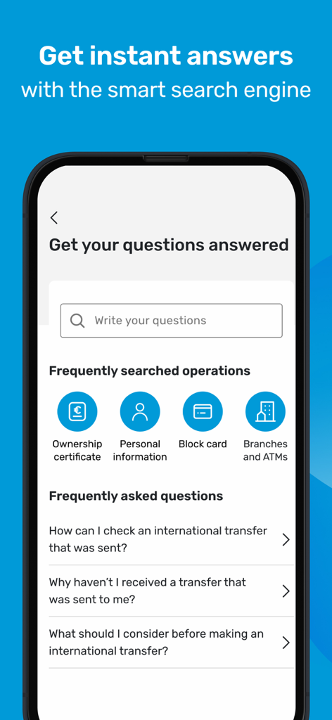 CaixaBankNow: Online banking - Interface do aplicativo CaixaBankNow mostrando um mecanismo de busca inteligente e perguntas frequentes sobre transferências internacionais.