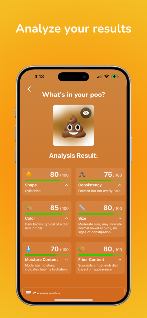 Poop Tracker & Gut Log - PooIQ - AI analysis results in the PooIQ app showing scores for stool shape consistency color and fiber content