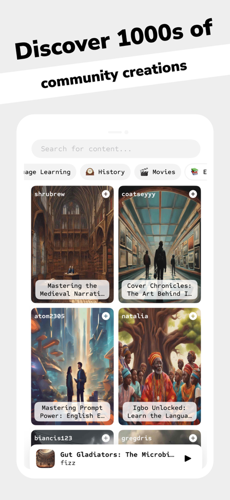 Poddle - AI podcast lessons - The discovery interface of the Poddle app showing various AI podcast lessons created by the community including topics on history and language learning.