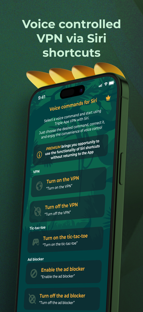 Triple Ape VPN - Smartphone screen showing Siri voice commands for Triple Ape VPN to turn on the connection, ad blocker, and play games.