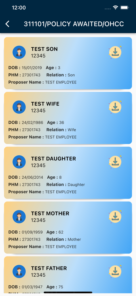 Digital health insurance enrollment cards for family members in the mWise app