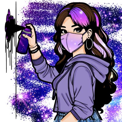 realistic girl with mask spray painting a wall