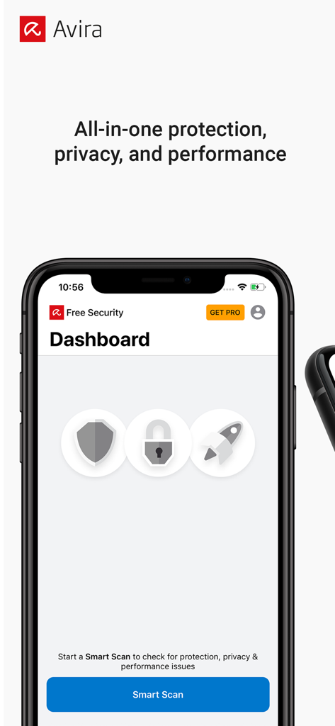 Panel de la aplicación Avira Mobile Security en un iPhone con un botón Smart Scan para protección total, privacidad y rendimiento