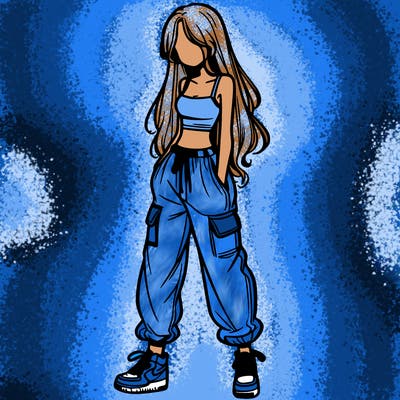 girl in baggy pants crop top and long hair