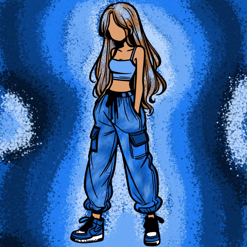 girl in baggy pants crop top and long hair