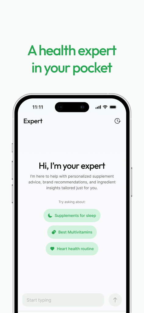 Prove It - Supplement Scanner - Oberfläche der Prove It-App mit einem personalisierten Gesundheitsexperten für Einblicke und Empfehlungen im Bereich Gesundheit
