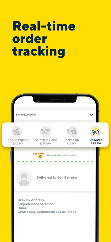 Foodmandu app interface showing real-time delivery tracking from pickup to delivery.