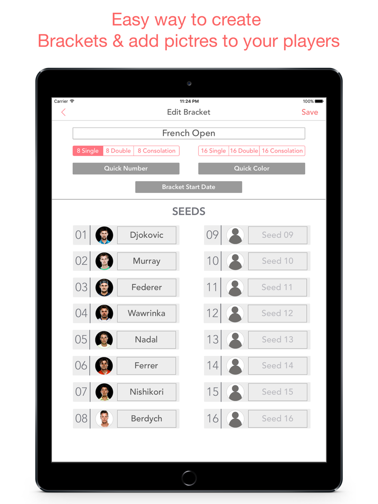 iPad display showing sports tournament seeding with player photos and names