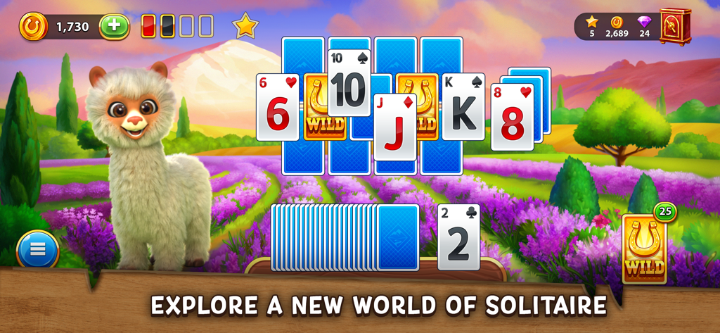 Gameplay screen of Solitaire Golden Prairies showing cards over a lavender field with a cute alpaca character.