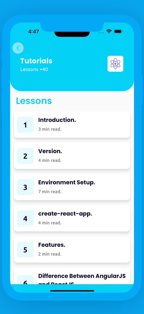 Mobile App-Bildschirm mit einer Liste von ReactJS-Tutorial-Lektionen, einschließlich Einführung und Einrichtung der Umgebung.