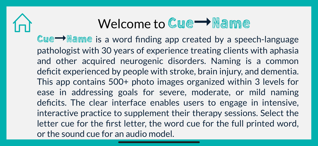 Cue Name - Actions - Cue Nameアプリの紹介画面。言語療法と単語探しへの利用方法を説明しています。